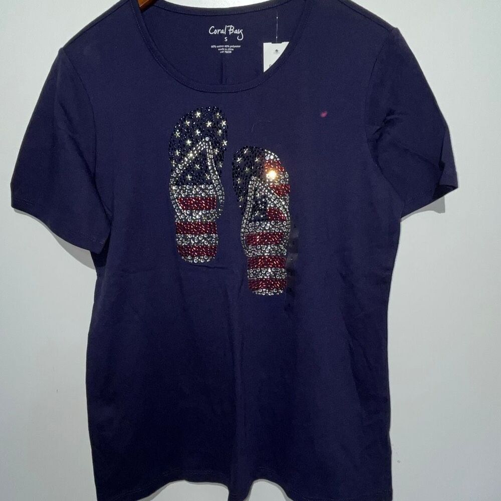 Coral Bay Women's Navy Blue Rhinestone American Flag Crew Neck T-Shirt Small NWT